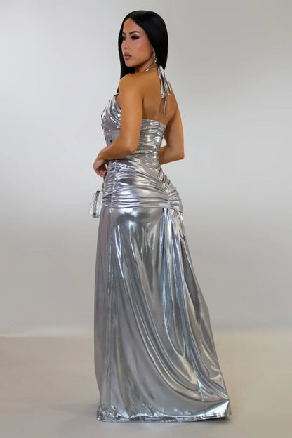 Radiant Crystal Metallic Gown - Silver