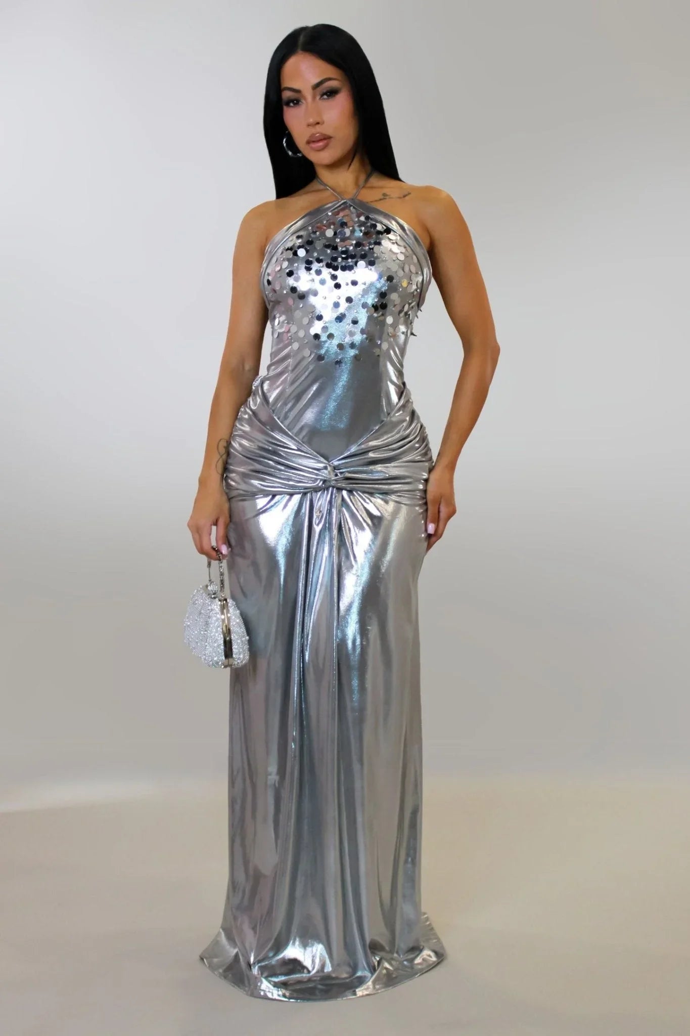 Radiant Crystal Metallic Gown - Silver
