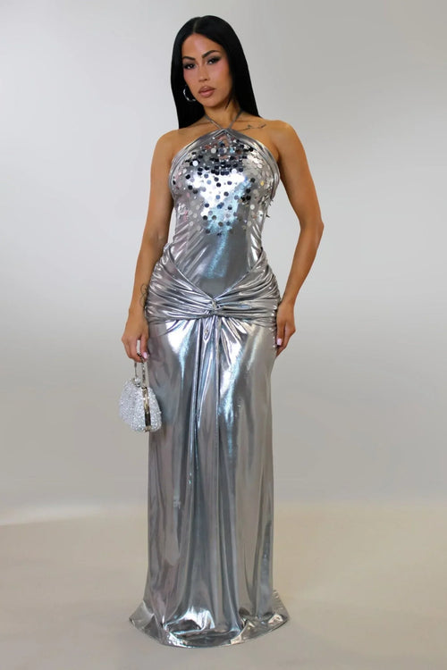 Radiant Crystal Metallic Gown - Silver