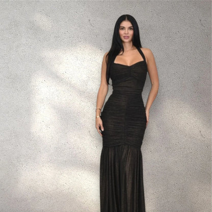 Radiant Nights Metallic Foil Ruched Maxi Dress - Black