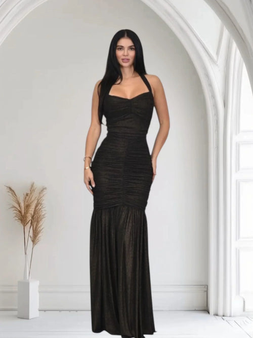 Radiant Nights Metallic Foil Ruched Maxi Dress - Black