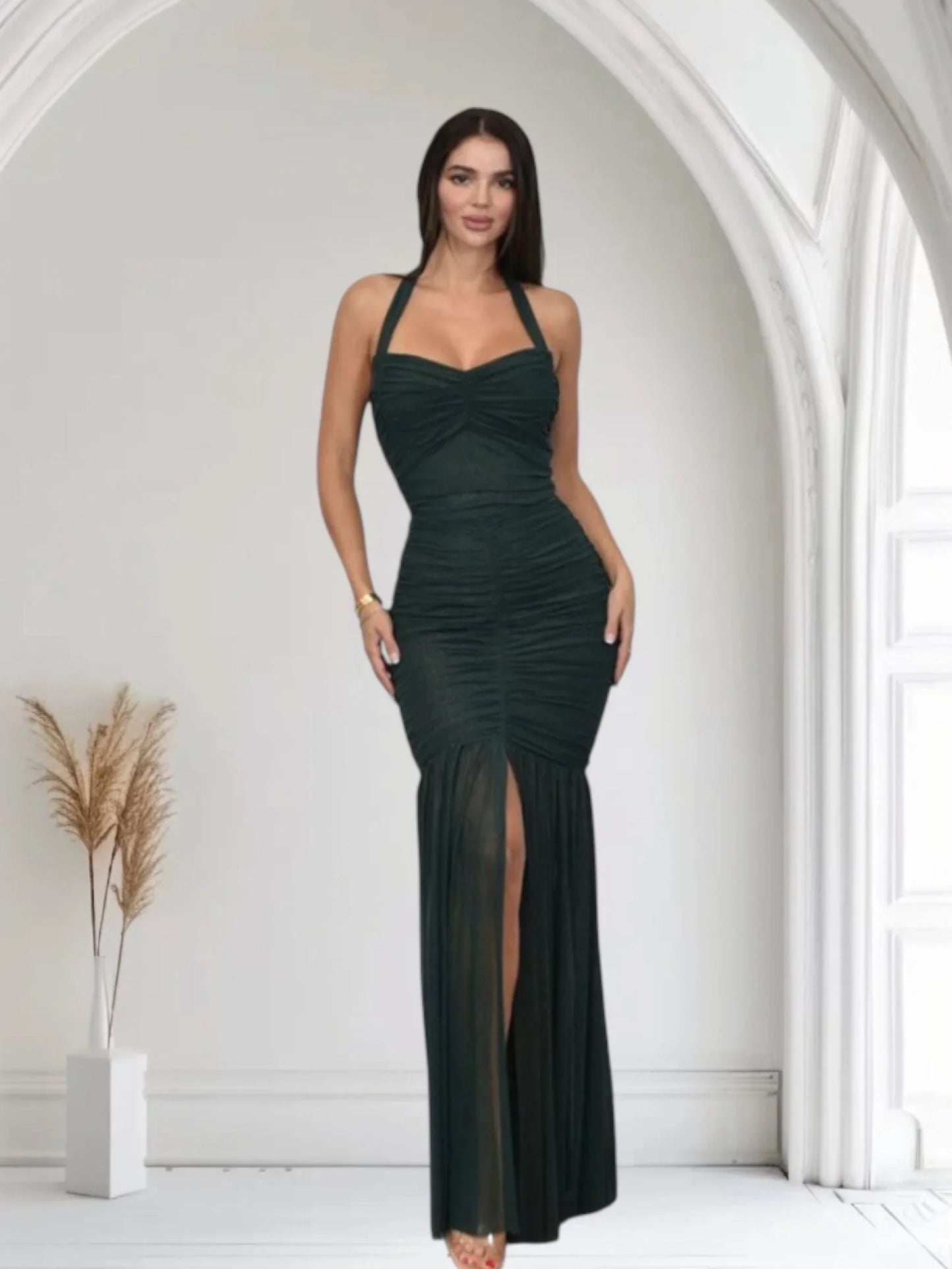 Radiant Nights Metallic Foil Ruched Maxi Dress - Forest