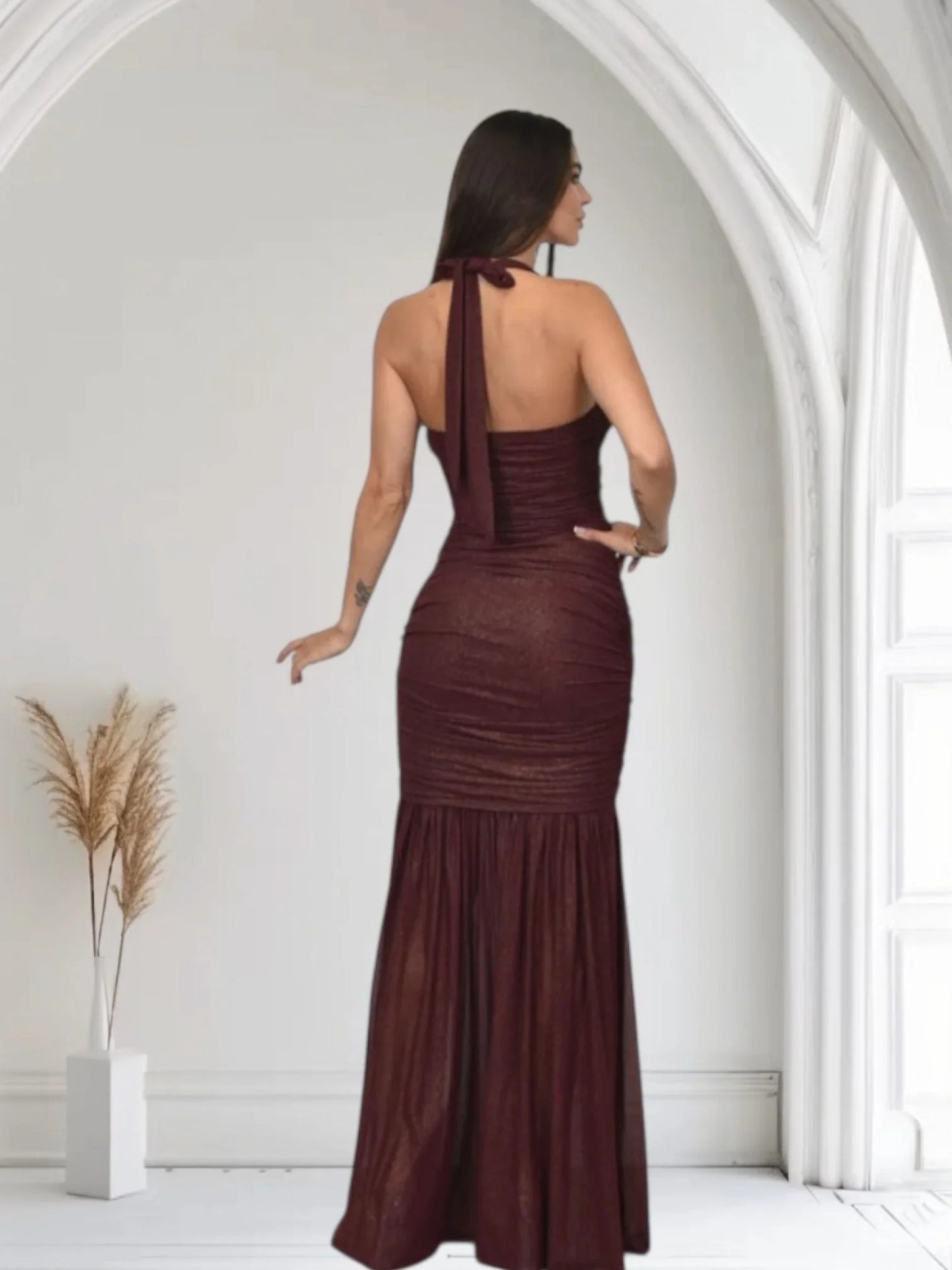 Radiant Nights Metallic Foil Ruched Maxi Dress -Merlot