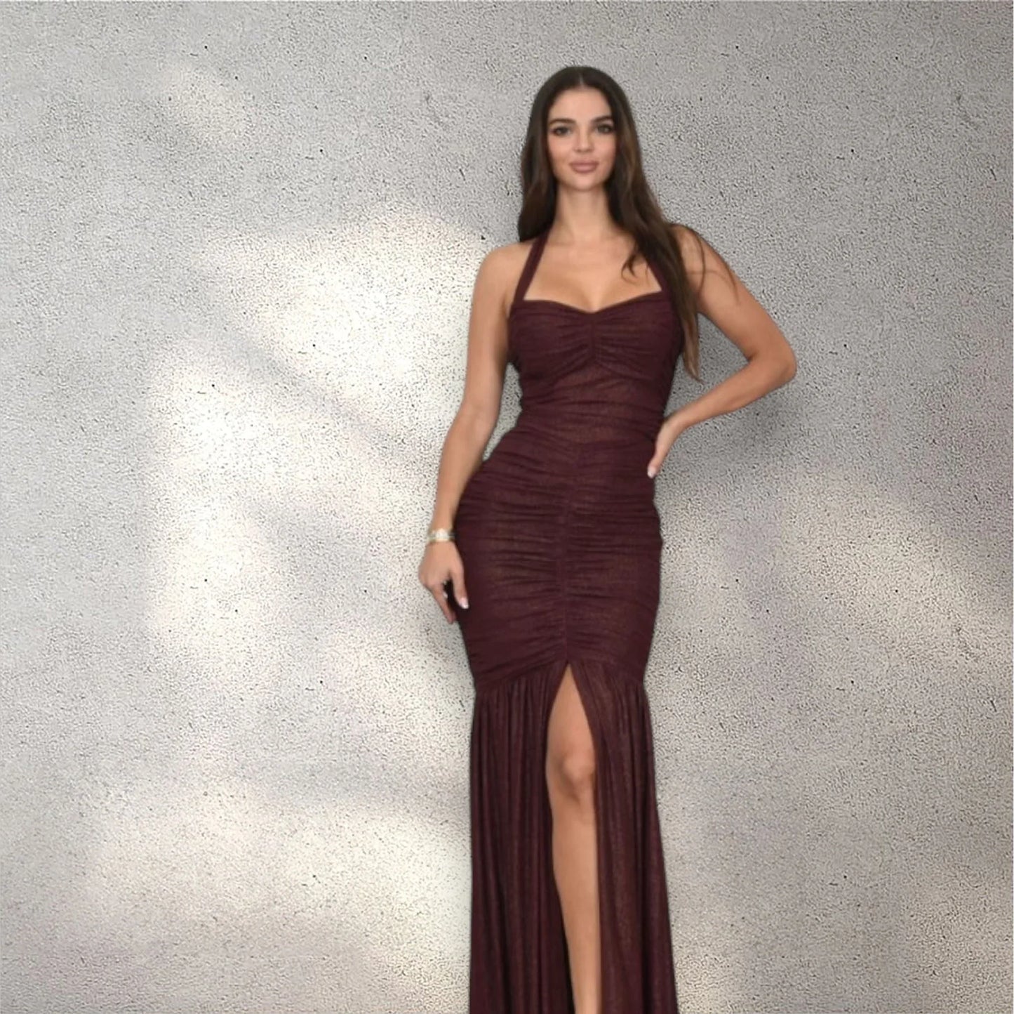 Radiant Nights Metallic Foil Ruched Maxi Dress -Merlot