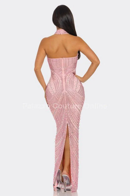 Radiant Pearl Mesh Gown Maxi Dress