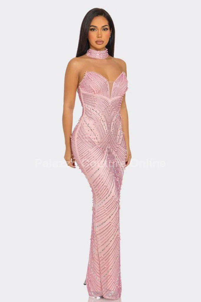 Radiant Pearl Mesh Gown Maxi Dress