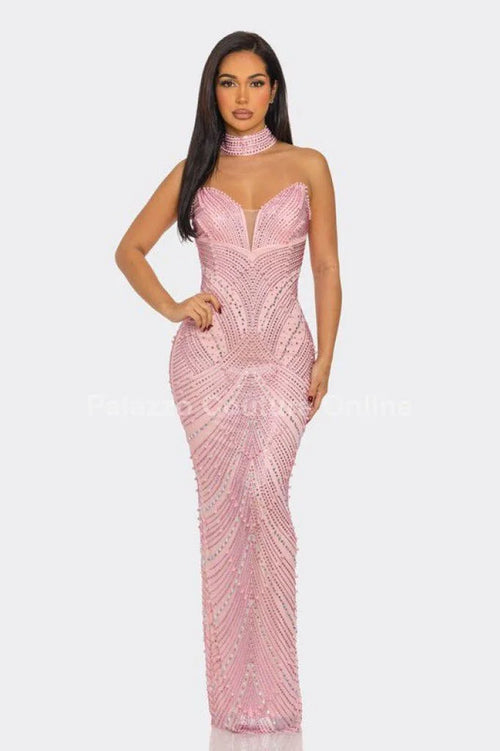 Radiant Pearl Mesh Gown Maxi Dress