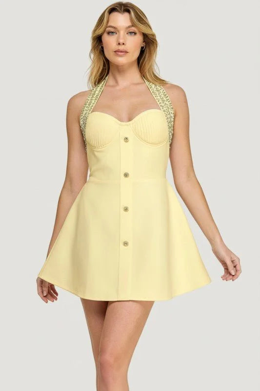 Radiant Regal Crystal-Trim Mini Dress - Butter