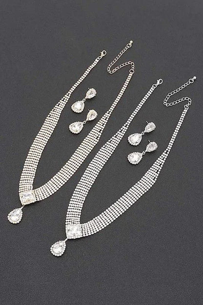 Radiant Teardrop Rhinestone Necklace Set in Silver Clear