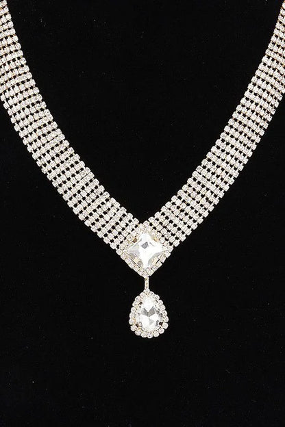 Radiant Teardrop Rhinestone Necklace Set in Gold Clear Finish