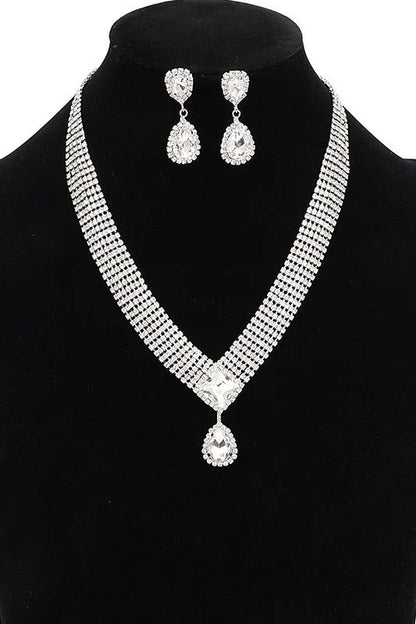 Radiant Teardrop Rhinestone Necklace Set in Silver Clear