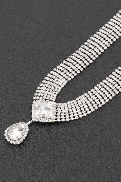 Radiant Teardrop Rhinestone Necklace Set in Silver Clear