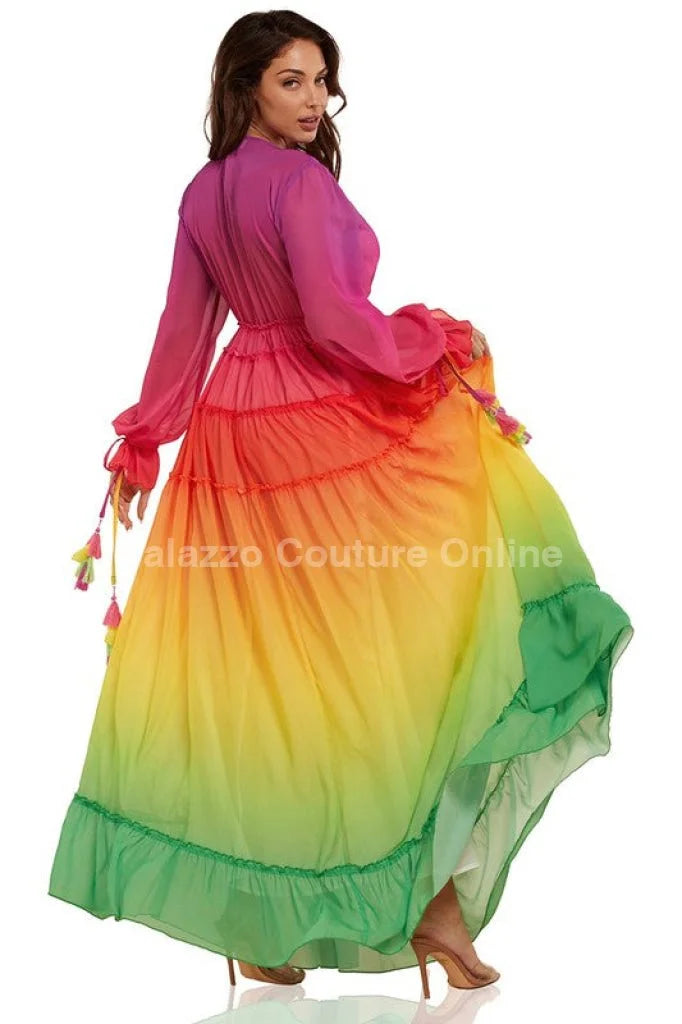 Rainbow Tassel Detailing Pleated Maxi Dress