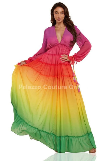 Rainbow Tassel Detailing Pleated Maxi Dress