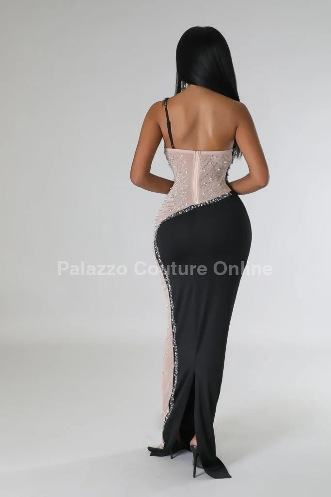 Rasha Black Rhinestone Dress with One-Shoulder Design