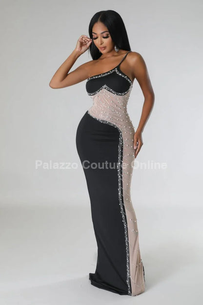 Rasha Black Rhinestone Dress with One-Shoulder Design