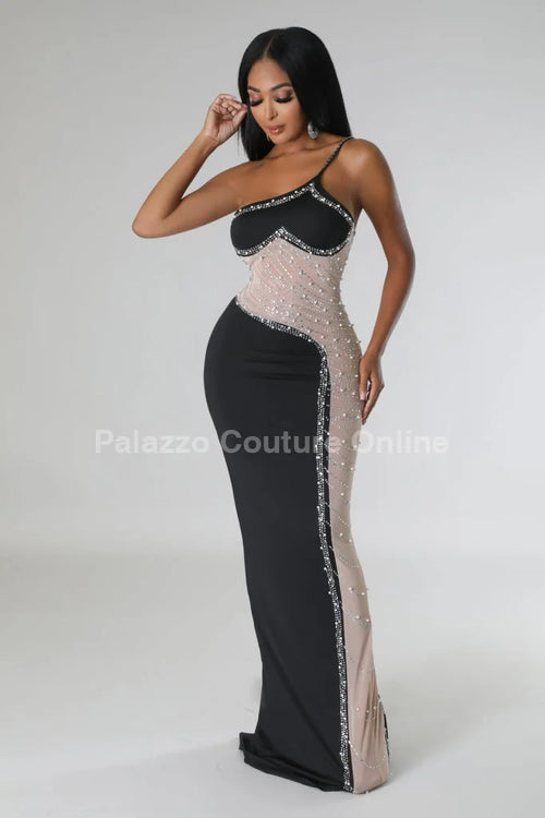 Rasha Black Rhinestone Dress with One-Shoulder Design