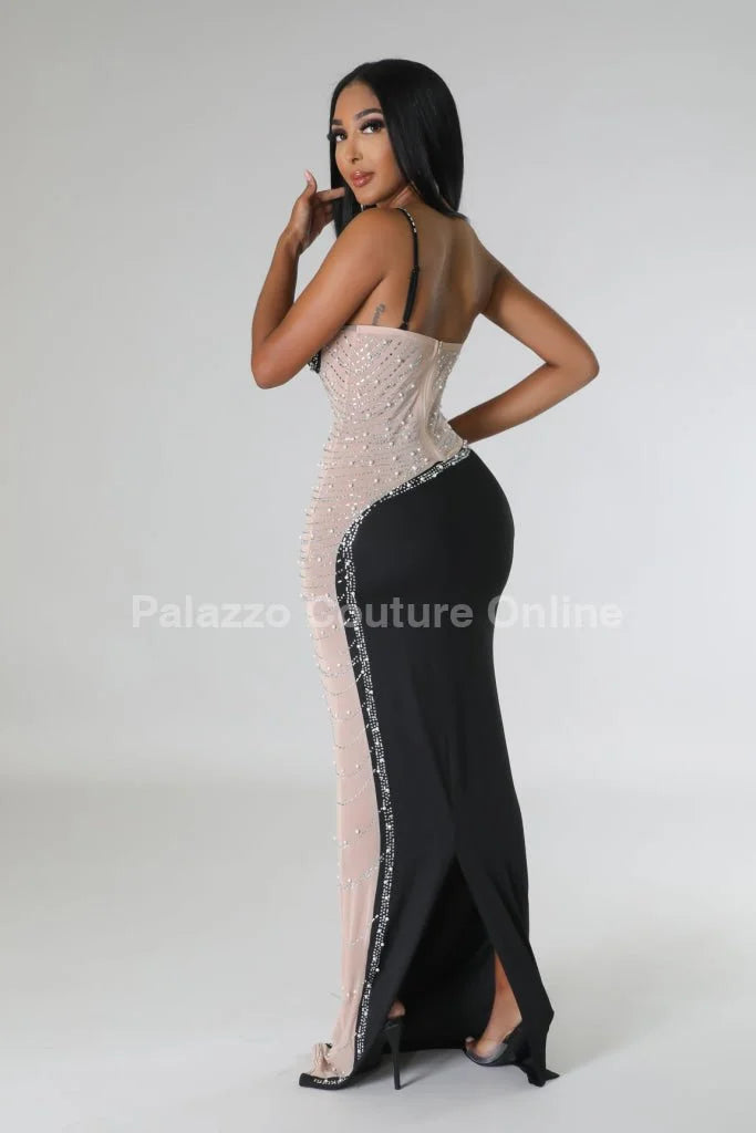 Rasha Black Rhinestone Dress with One-Shoulder Design