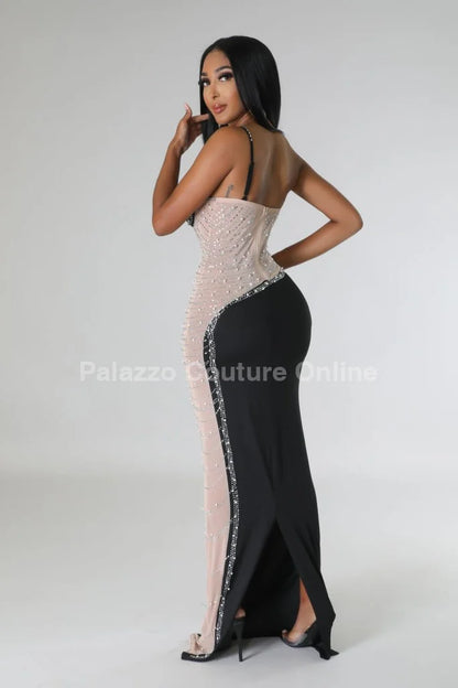Rasha Black Rhinestone Dress with One-Shoulder Design