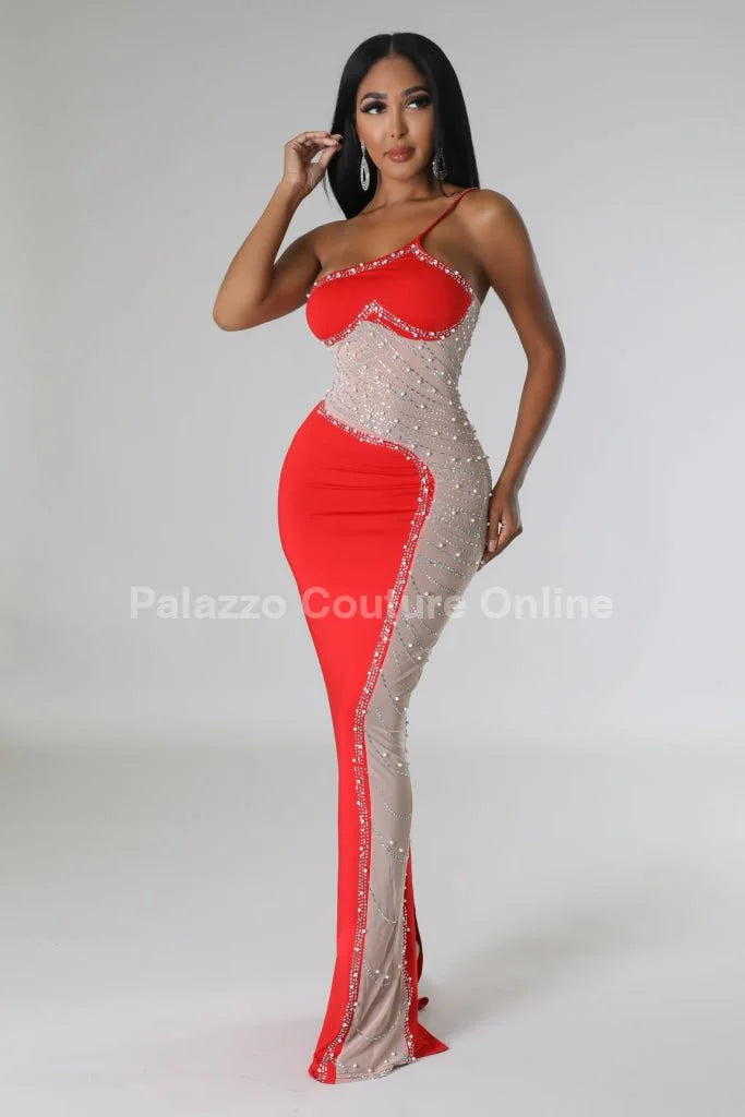 Rasha Red Rhinestone Dress with One-Shoulder Design