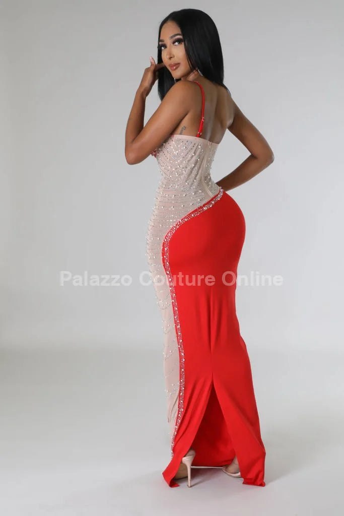 Rasha Red Rhinestone Dress with One-Shoulder Design