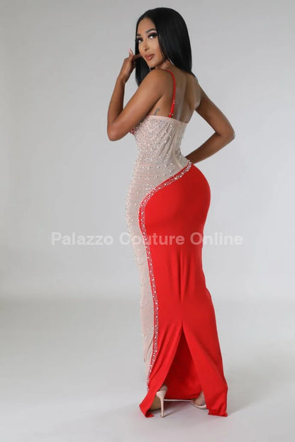 Rasha Red Rhinestone Dress with One-Shoulder Design