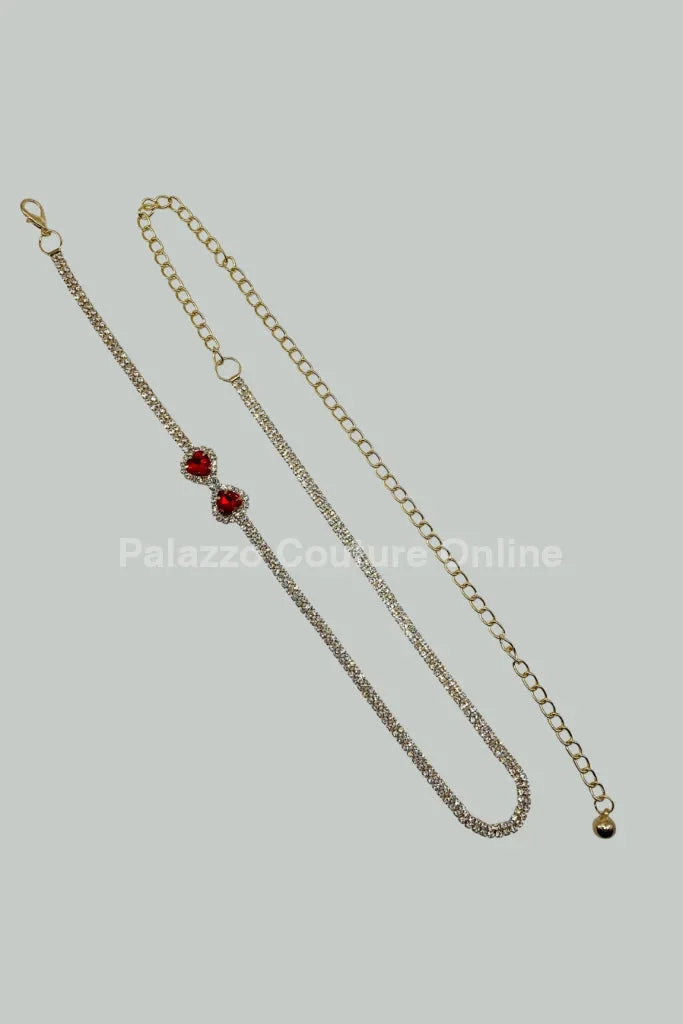 Red heart Rhinestone Chain Belt (Gold)