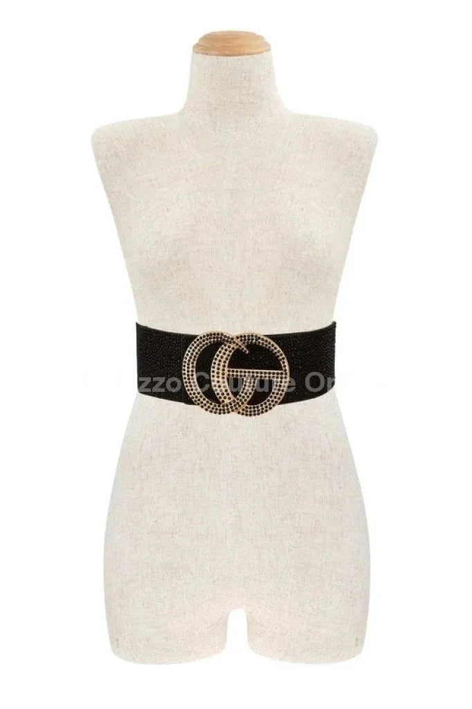 Rhinestone GO Buckle Elastic Belt (Black)