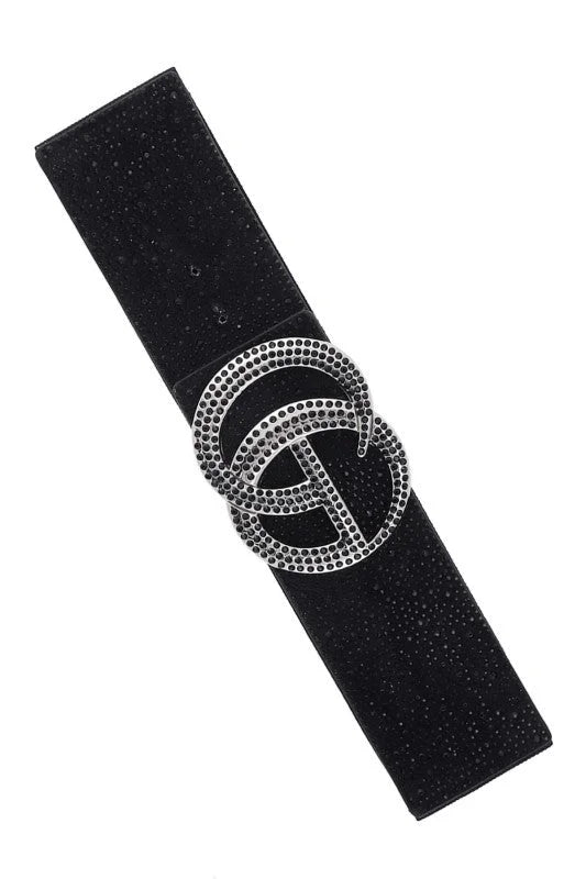 Rhinestone GO Buckle Elastic Belt - Black