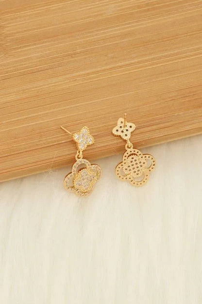 Rhinestone Pavé Quatrefoil Earrings – Gold Clover Drop Design