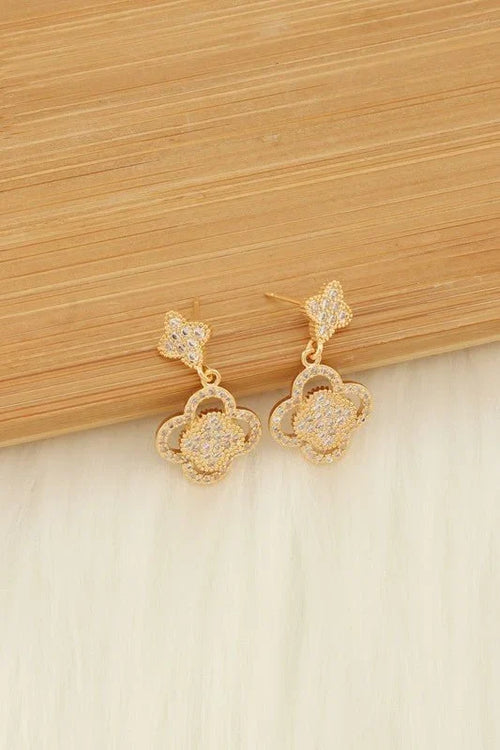 Rhinestone Pavé Quatrefoil Earrings – Gold Clover Drop Design