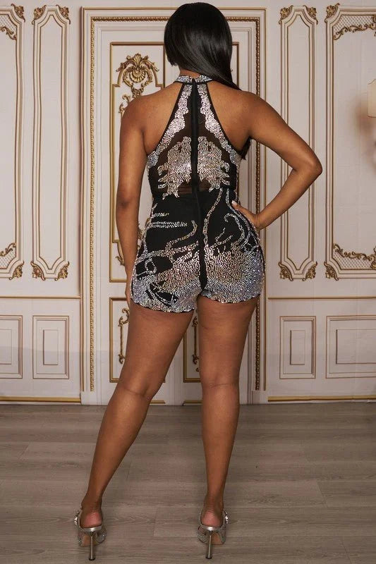 Rhinestone Romper Choker Neck in Black with Sheer Mesh