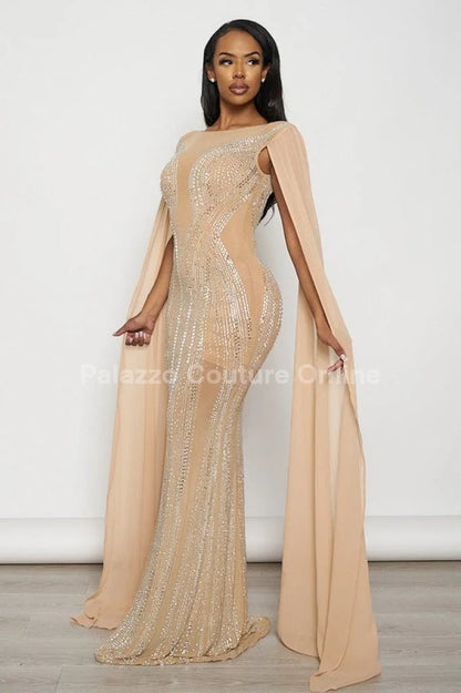 Rhinestone Wide Cape Sleeve Cape Evening Gown (Nude)