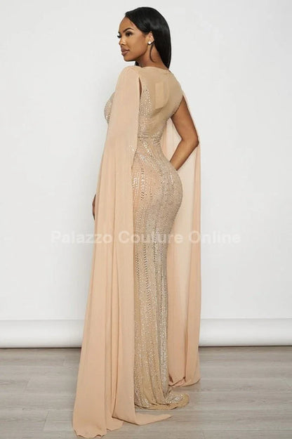Rhinestone Wide Cape Sleeve Cape Evening Gown (Nude)