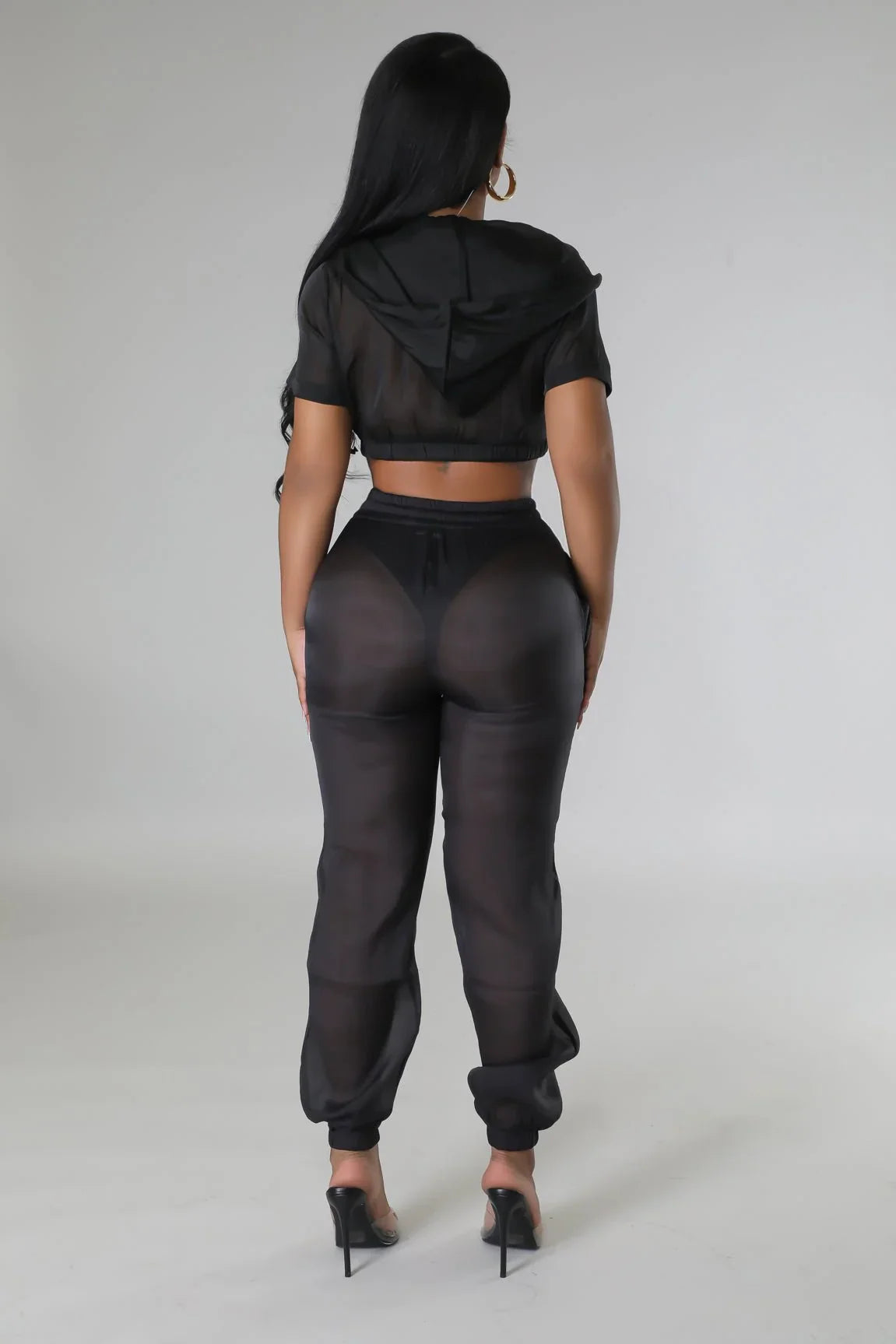 Rosaley Sheer Pant Set (Black) – Cropped Hoodie & High-Waist Pants