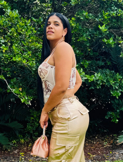 Rosé Bloom Mesh Corset Top with Floral Detail