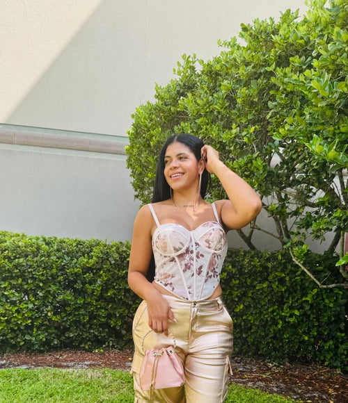 Rosé Bloom Mesh Corset Top with Floral Detail