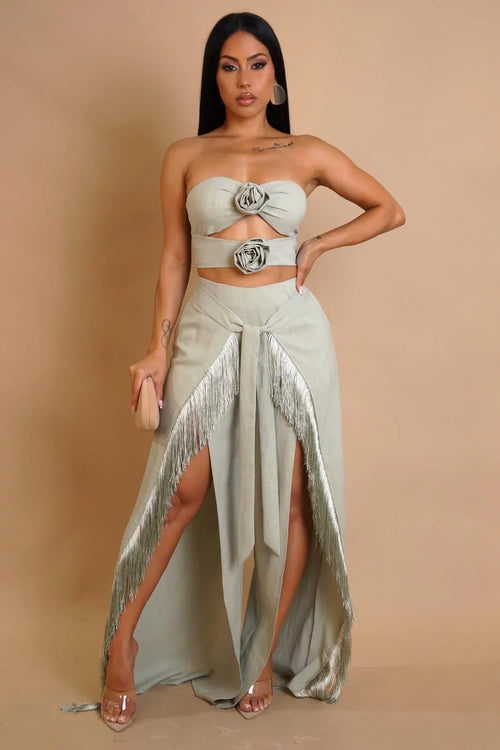 Rose Fringe Cut-Out Pant Set - Sage