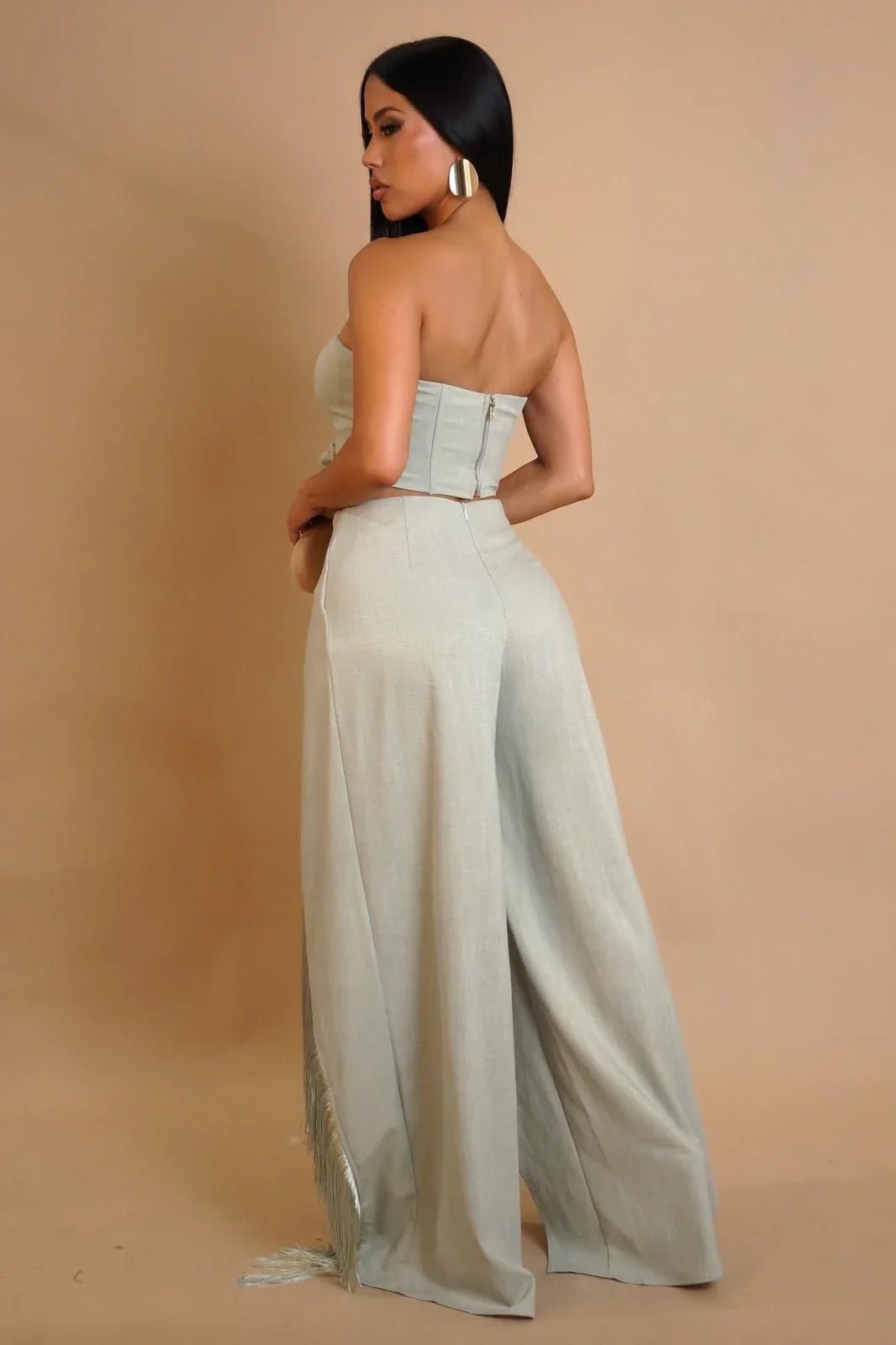 Rose Fringe Cut-Out Pant Set - Sage