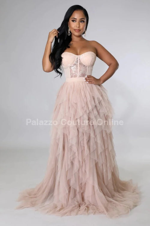 Royal Queen Nude Maxi Dress with Corset Lace Detail