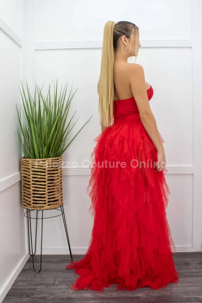 Royal Queen Red Maxi Dress – Elegant Lace & Tulle Gown