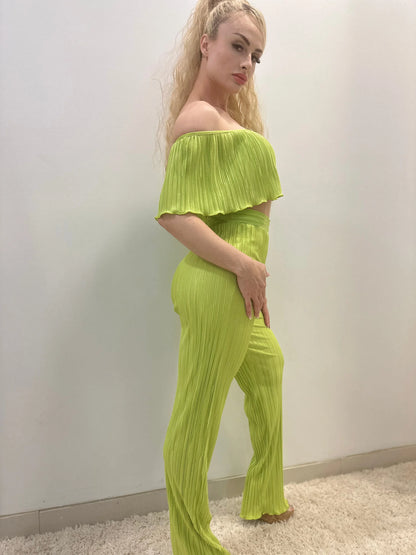 Summer Breeze Green Pant Set – Pleated Off-Shoulder Two-Piece