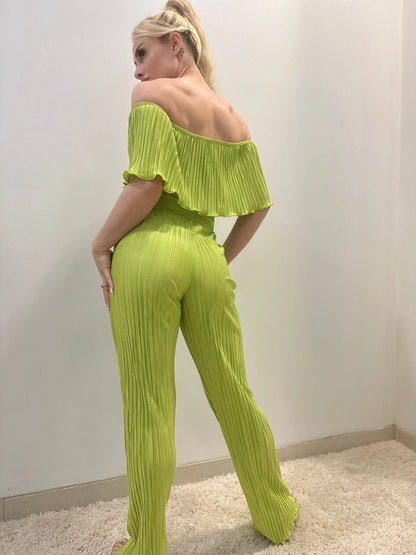 Summer Breeze Green Pant Set – Pleated Off-Shoulder Two-Piece