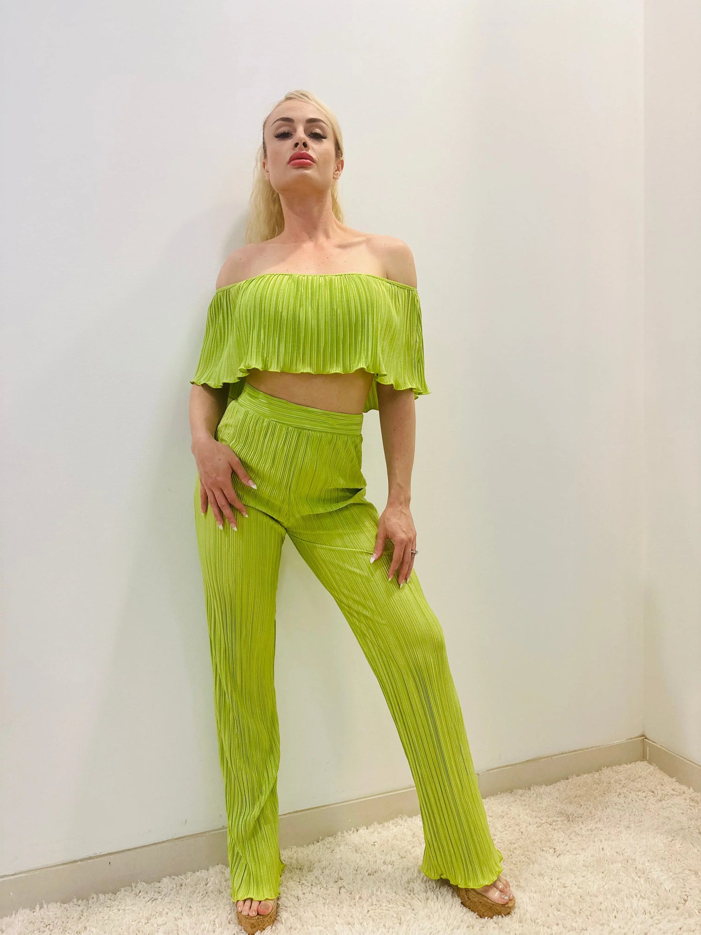 Summer Breeze Green Pant Set – Pleated Off-Shoulder Two-Piece