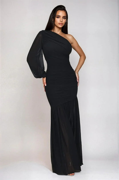 Ruched Chiffon Maxi Dress -  Black