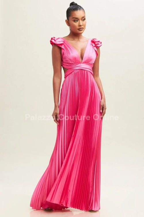 Ruffle Pleated Maxi Dress – Neon Pink Pleated Dress