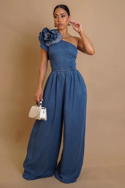 Ruffle Royalty One-Shoulder Denim Jumpsuit - Blue