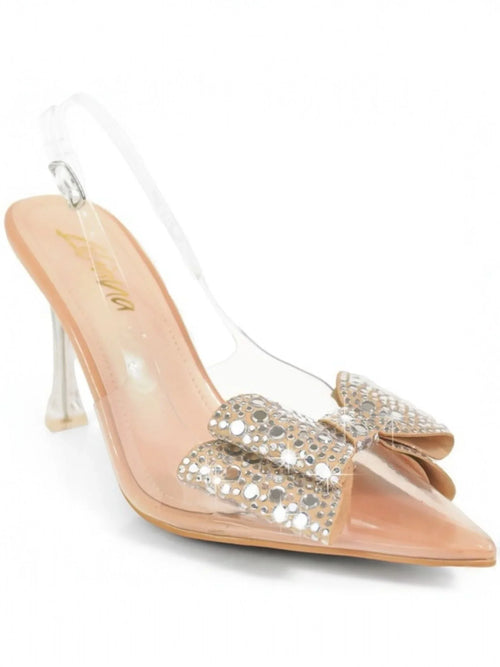 Sakina Crystal Bow Heels Nude with Pointed Toe & Sculpted Heel