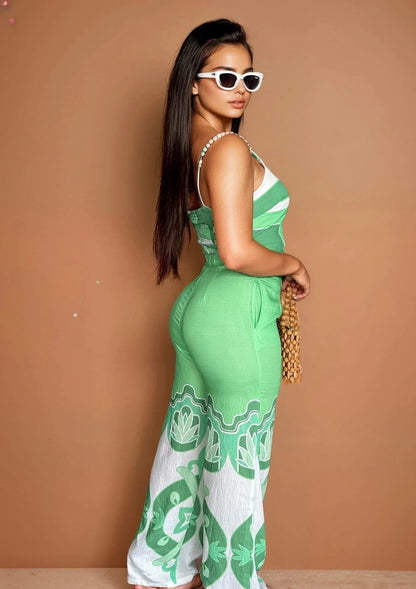 Santorini Dreams Printed Pant Set Green