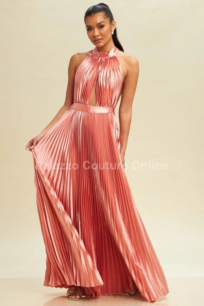 Satin Pleated Halter Maxi Dress (Rose)